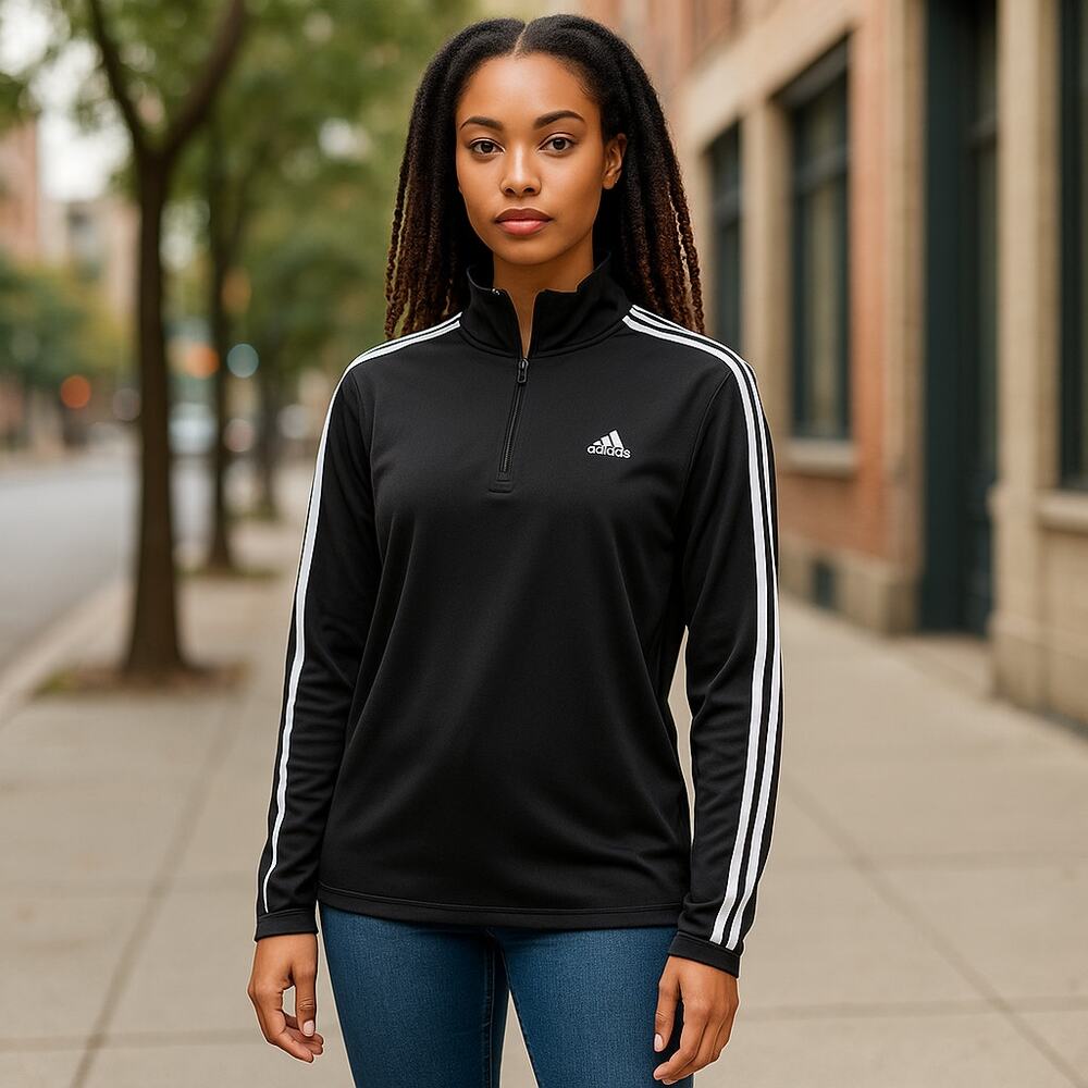 Adidas Womens Pullover Sz S Black White 3 Stripes Quarter Zip‎ Lightweight